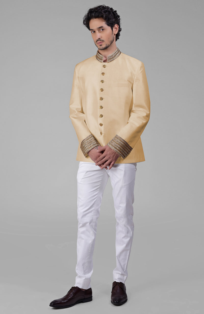 Burnished Lilac Zardozi Hand Embroidered Silk Bandhgala Jacket Set