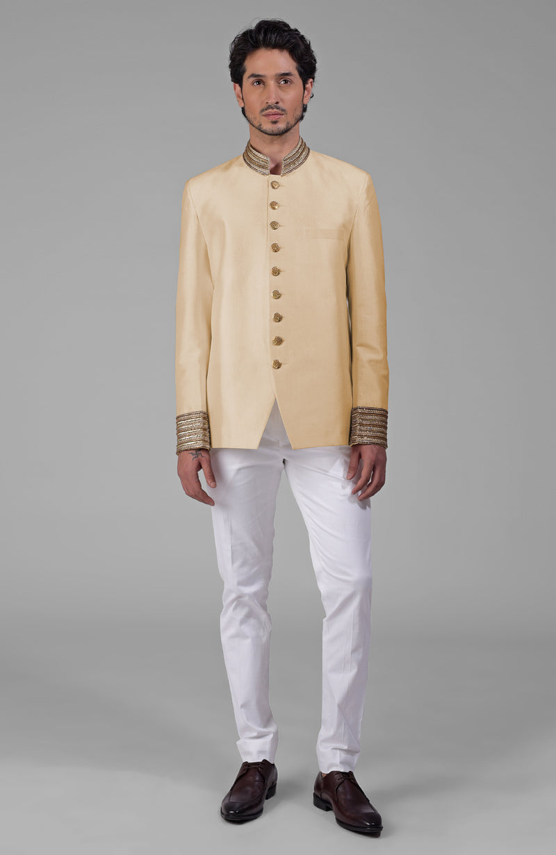 Gold Zardozi Hand Embroidered Silk Bandhgala Jacket Set
