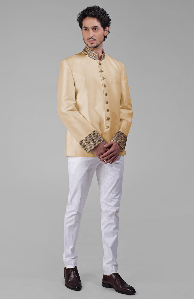Gold Zardozi Hand Embroidered Silk Bandhgala Jacket Set