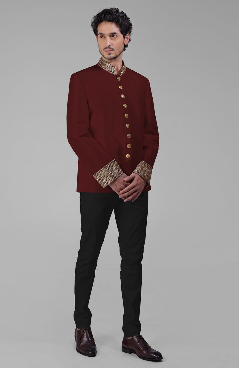 Maroon Zardozi Hand Embroidered Silk Bandhgala Jacket Set