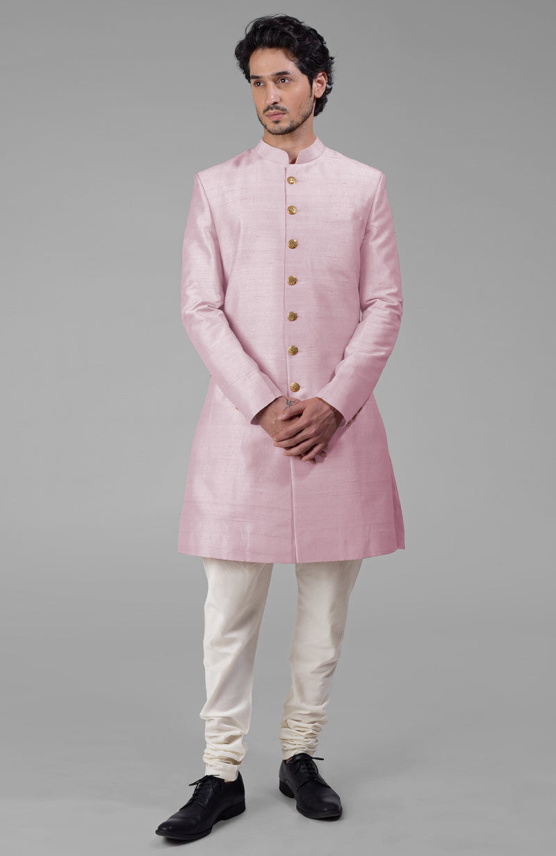 Gossamer Green Pure Silk Sherwani Set With Gold Buttons