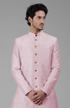 Barely Pink Pure Silk Sherwani Set With Gold Buttons