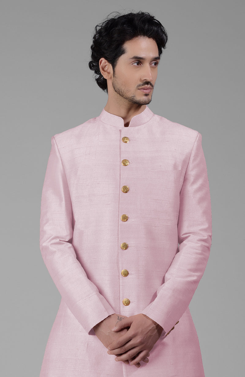 Barely Pink Pure Silk Sherwani Set With Gold Buttons