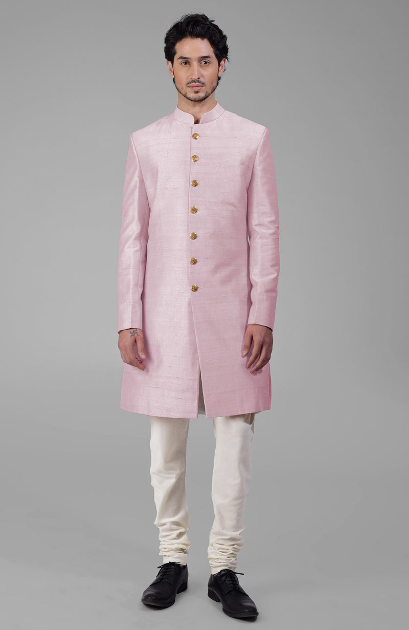 Peach Pure Silk Sherwani Set With Gold Buttons