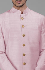 Barely Pink Pure Silk Sherwani Set With Gold Buttons