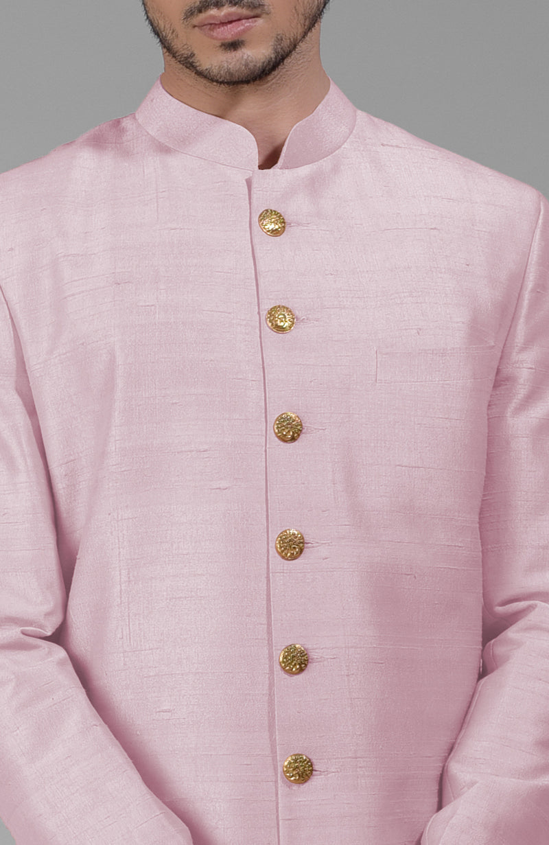 Barely Pink Pure Silk Sherwani Set With Gold Buttons