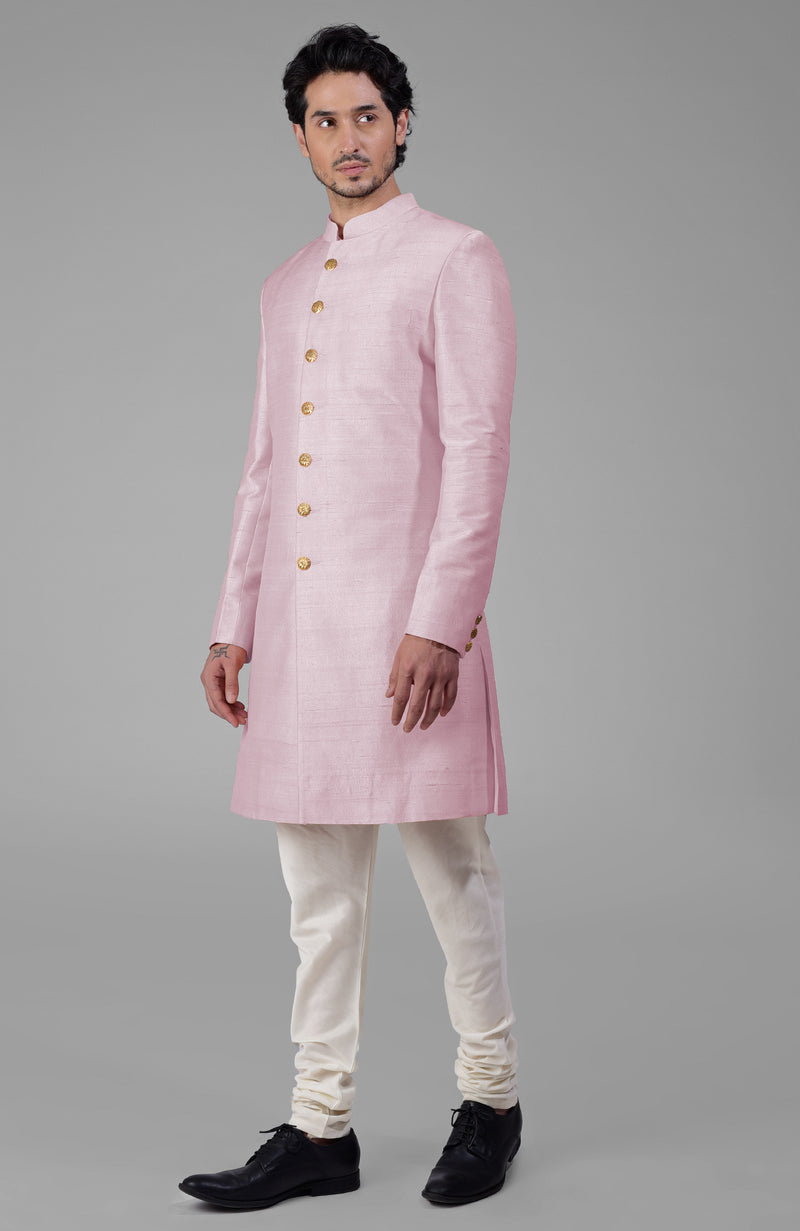 Barely Pink Pure Silk Sherwani Set With Gold Buttons