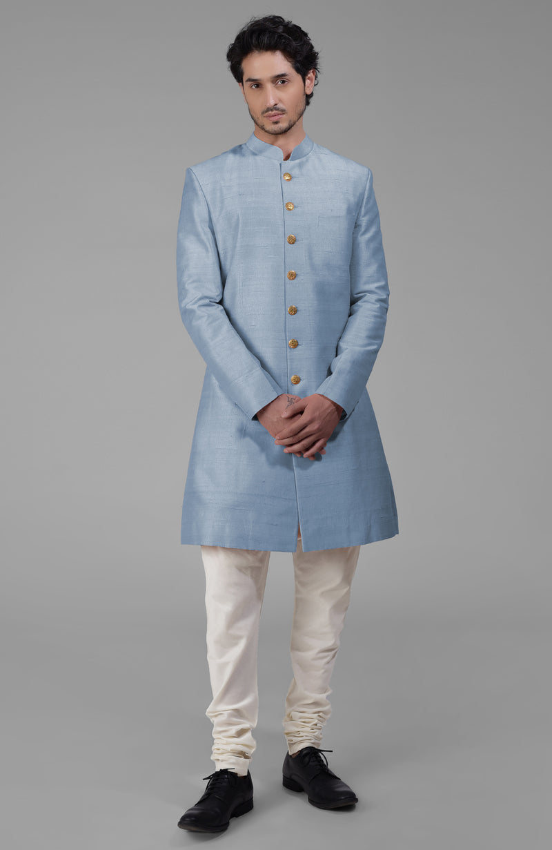 Peach Pure Silk Sherwani Set With Gold Buttons