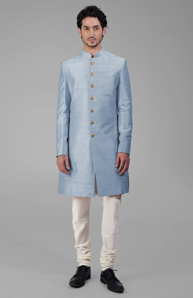 Barely Pink Pure Silk Sherwani Set With Gold Buttons