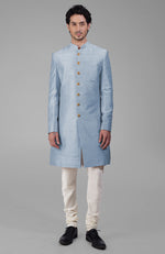 Elderberry Pure Silk Sherwani Set With Gold Buttons