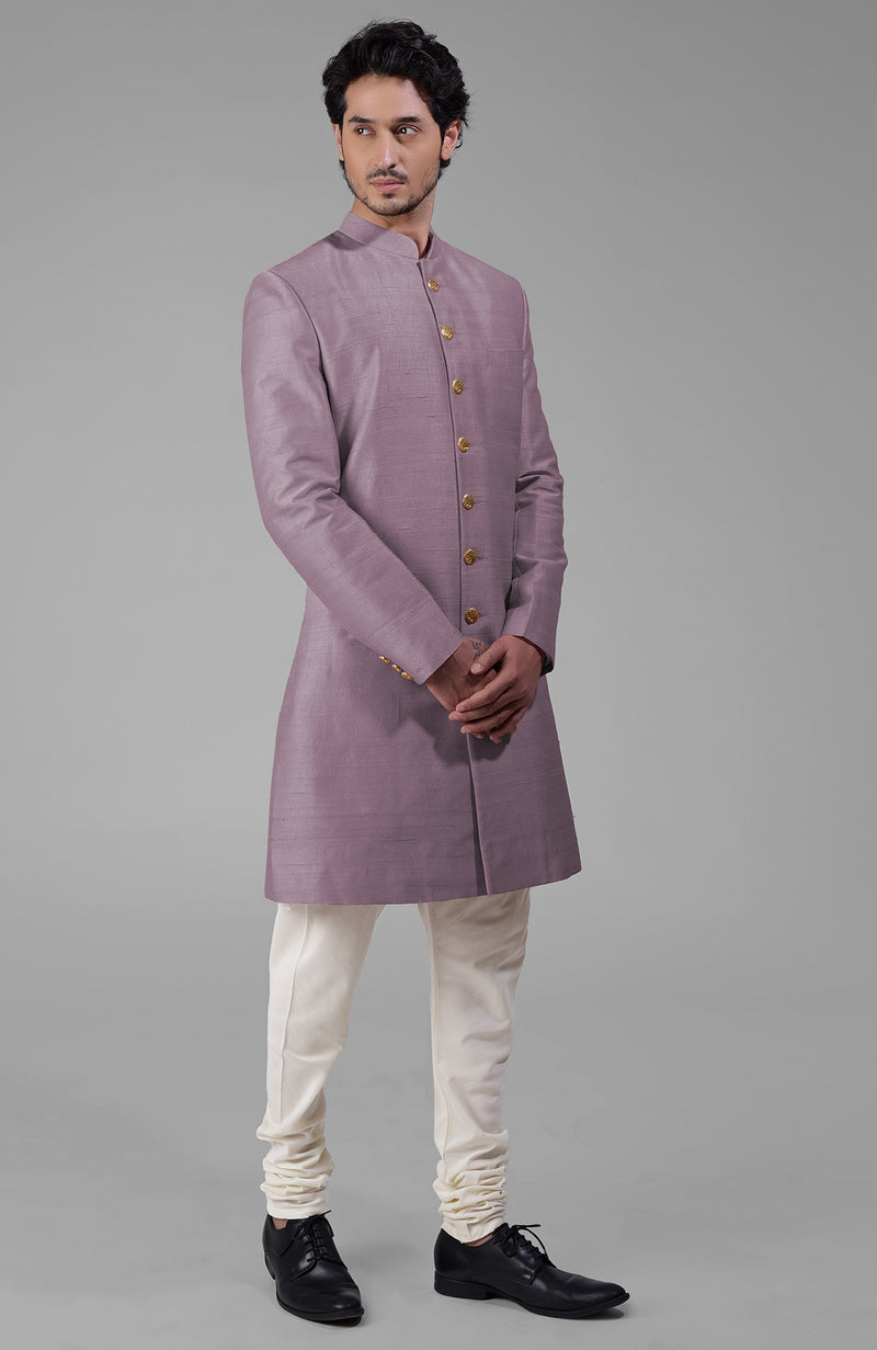 Elderberry Pure Silk Sherwani Set With Gold Buttons
