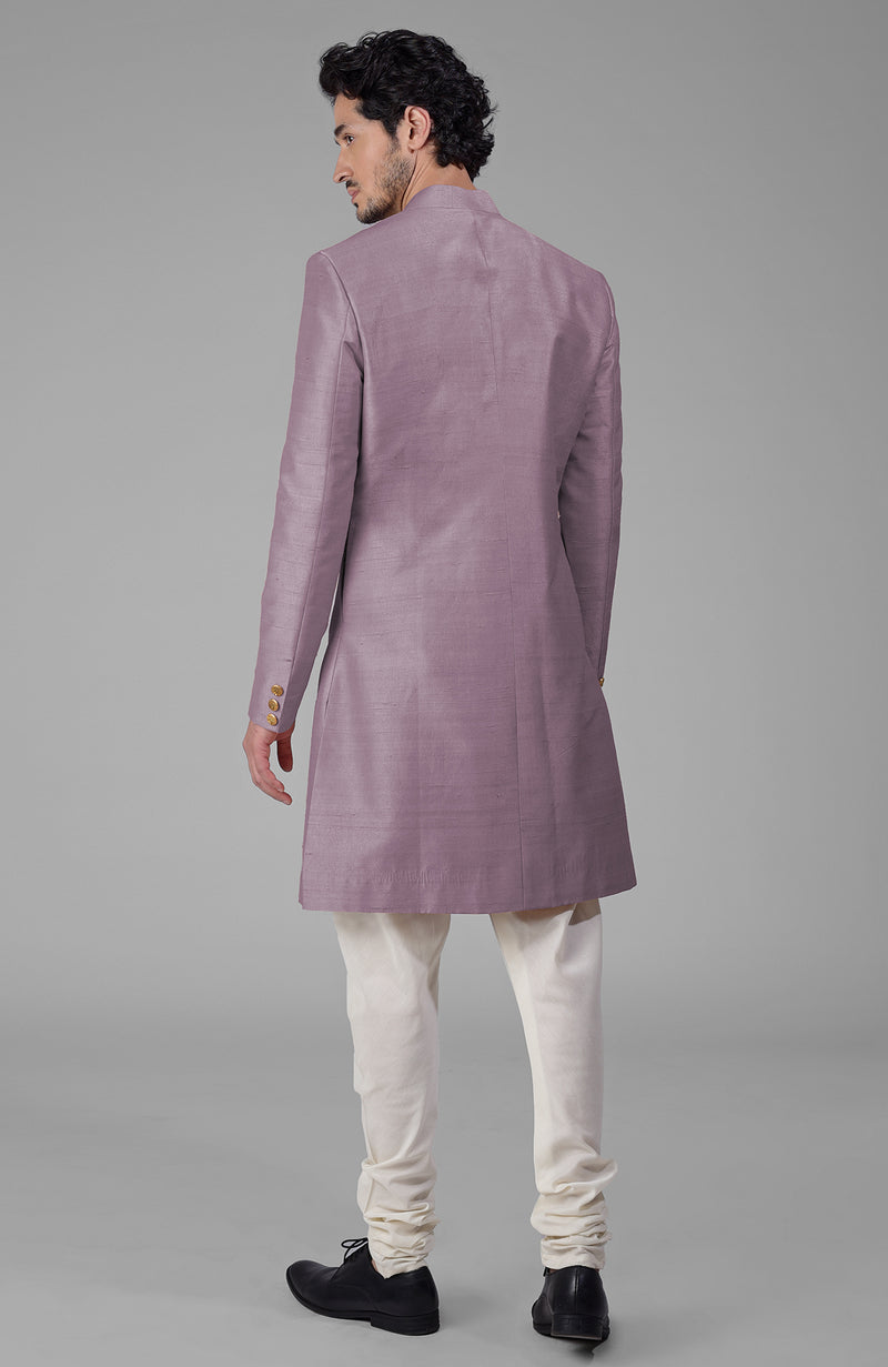 Elderberry Pure Silk Sherwani Set With Gold Buttons