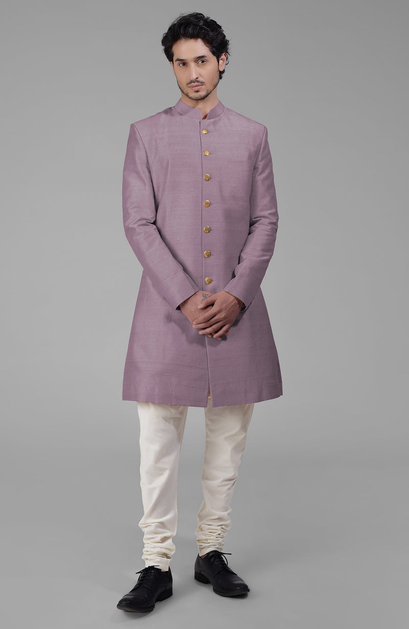 Light Gold Pure Silk Sherwani Set With Gold Buttons