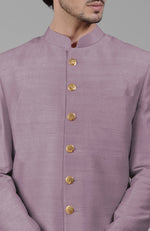 Elderberry Pure Silk Sherwani Set With Gold Buttons