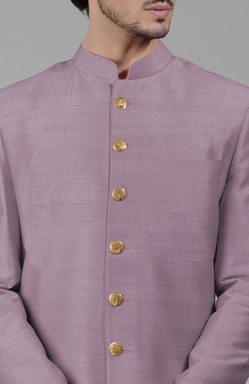 Elderberry Pure Silk Sherwani Set With Gold Buttons