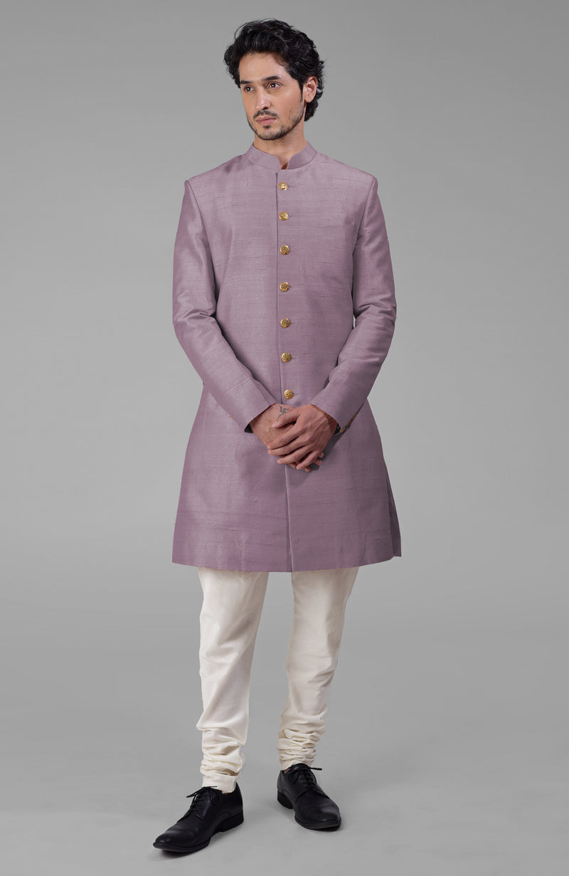 Elderberry Pure Silk Sherwani Set With Gold Buttons