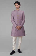 Gossamer Green Pure Silk Sherwani Set With Gold Buttons