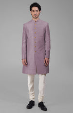 Elderberry Pure Silk Sherwani Set With Gold Buttons