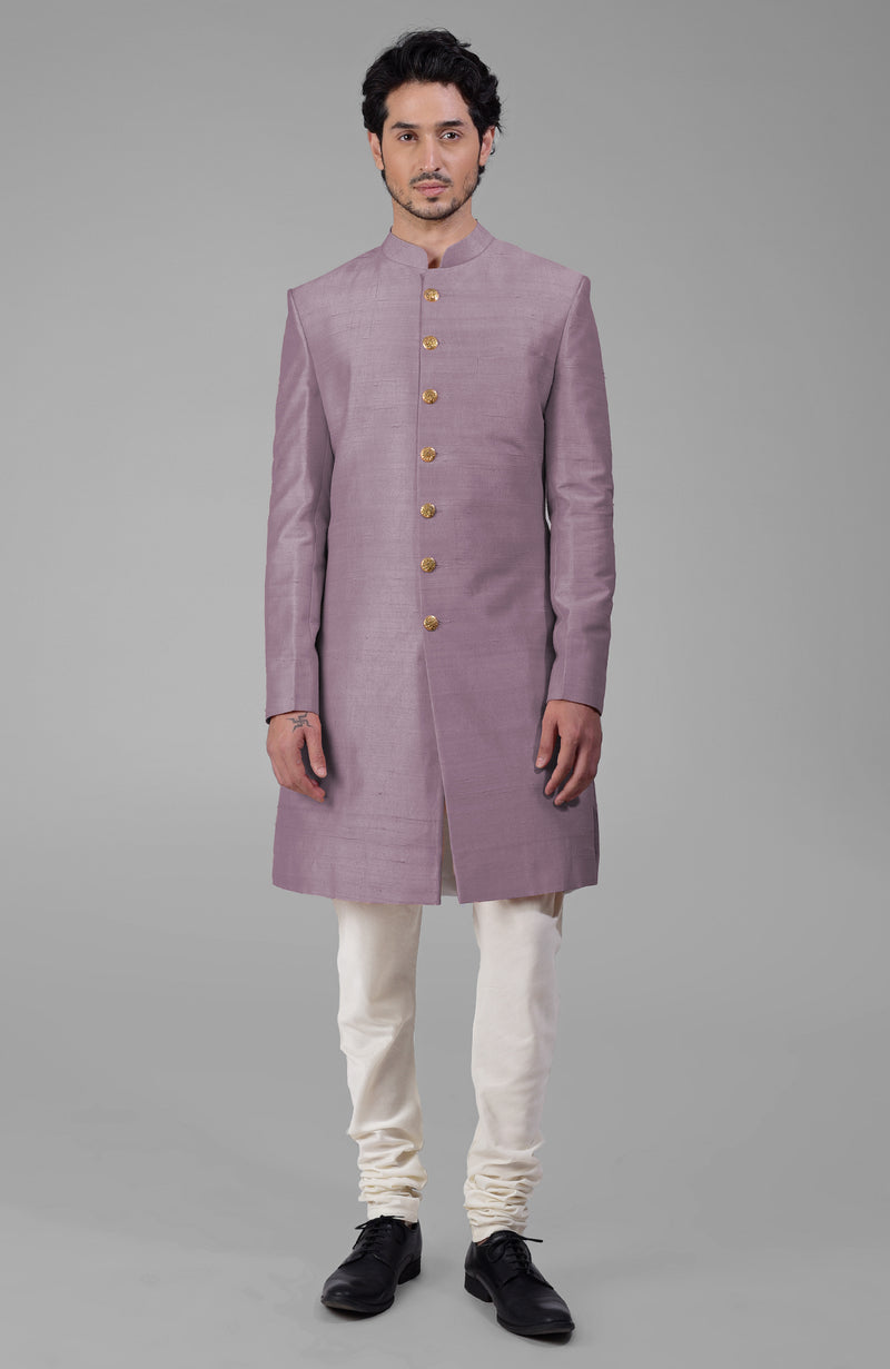 Elderberry Pure Silk Sherwani Set With Gold Buttons