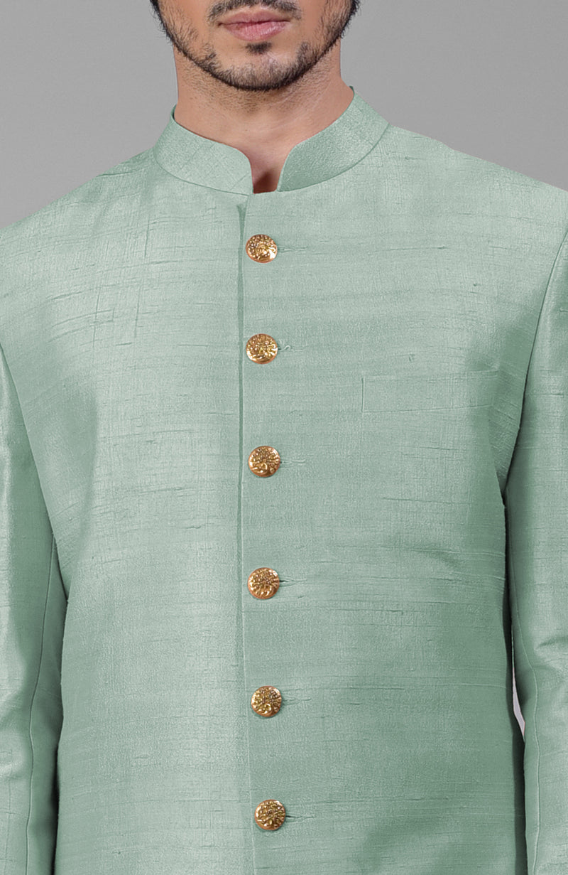 Gossamer Green Pure Silk Sherwani Set With Gold Buttons