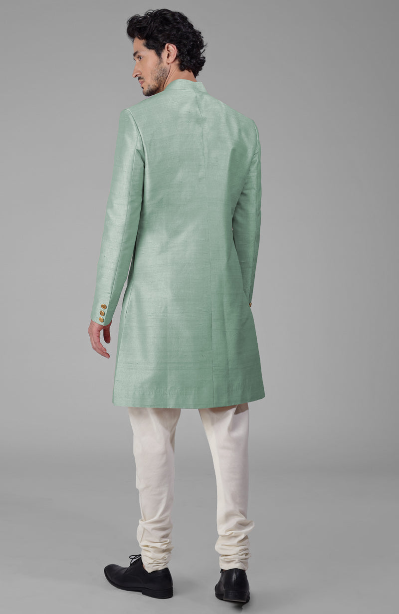 Gossamer Green Pure Silk Sherwani Set With Gold Buttons