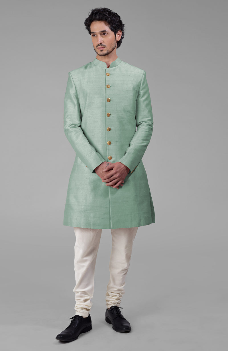 Gossamer Green Pure Silk Sherwani Set With Gold Buttons