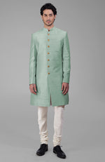 Gossamer Green Pure Silk Sherwani Set With Gold Buttons