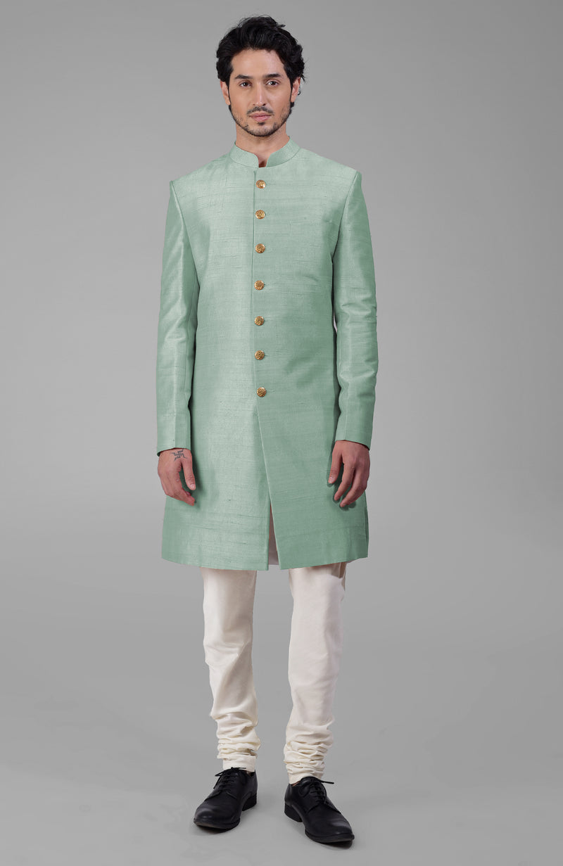 Gossamer Green Pure Silk Sherwani Set With Gold Buttons