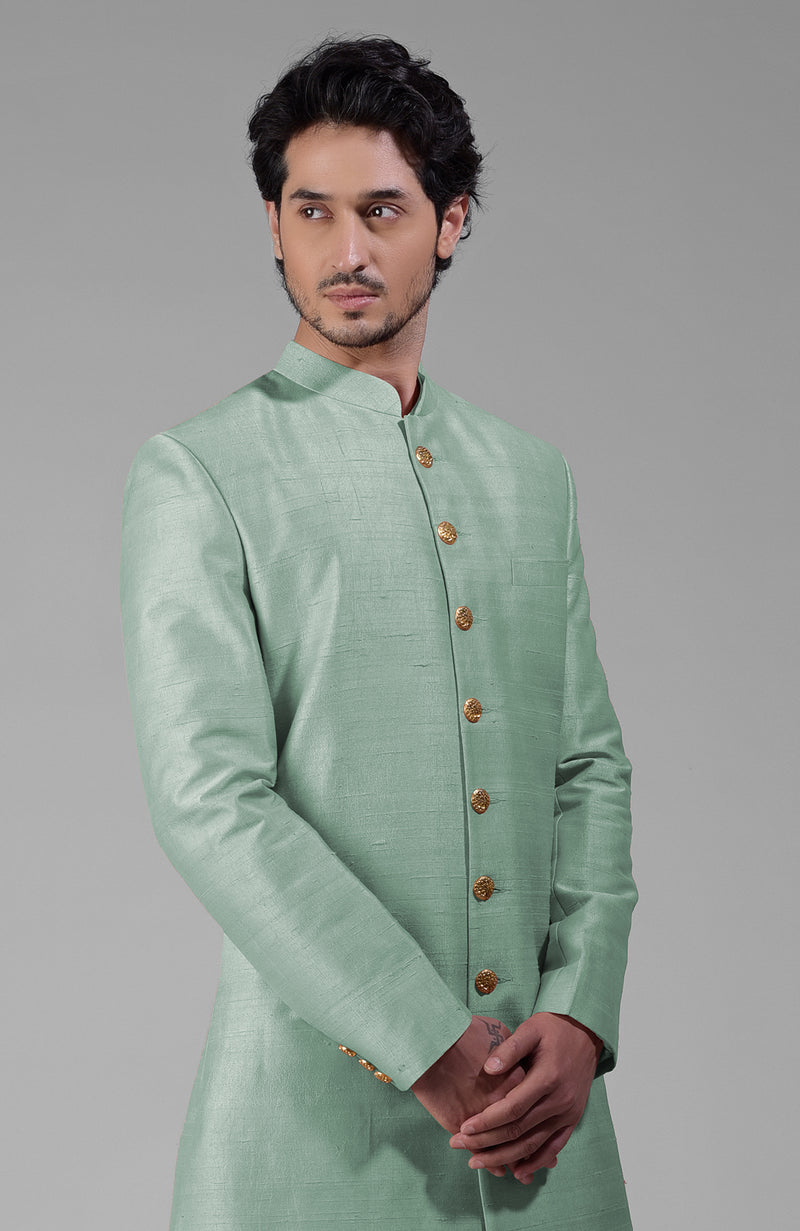 Gossamer Green Pure Silk Sherwani Set With Gold Buttons