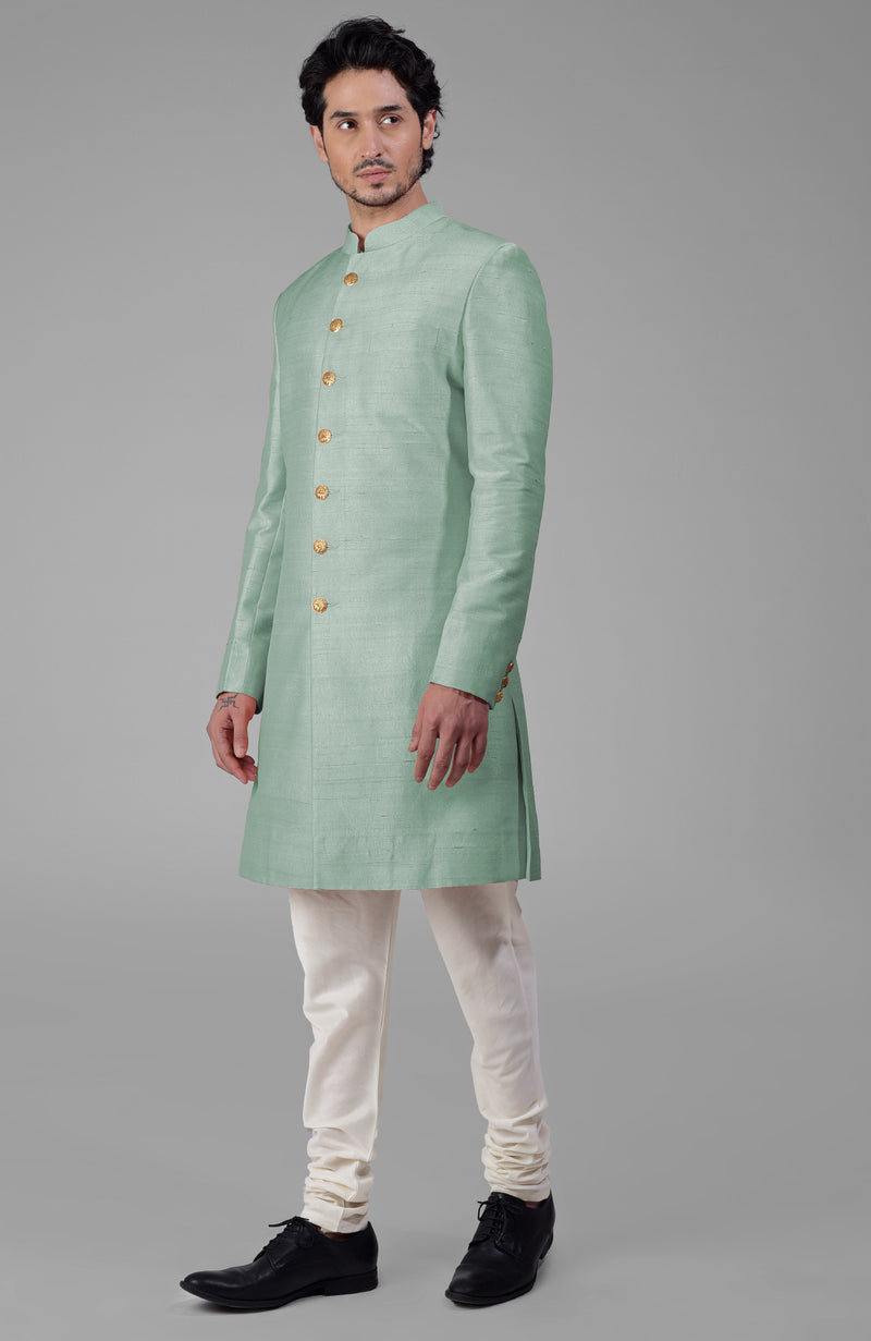 Gossamer Green Pure Silk Sherwani Set With Gold Buttons