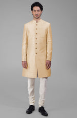 Gossamer Green Pure Silk Sherwani Set With Gold Buttons