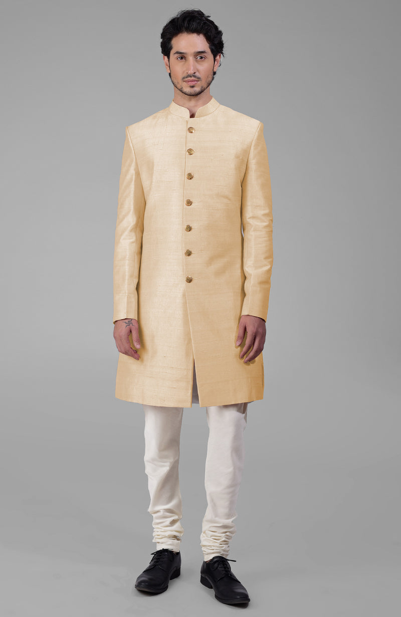 Gossamer Green Pure Silk Sherwani Set With Gold Buttons