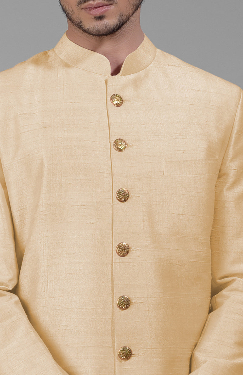 Light Gold Pure Silk Sherwani Set With Gold Buttons