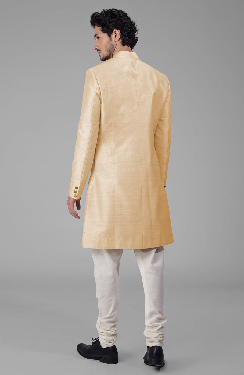 Light Gold Pure Silk Sherwani Set With Gold Buttons