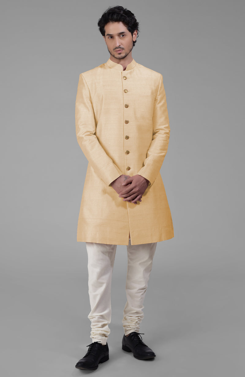 Light Gold Pure Silk Sherwani Set With Gold Buttons