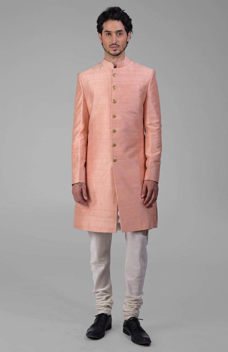 Gossamer Green Pure Silk Sherwani Set With Gold Buttons