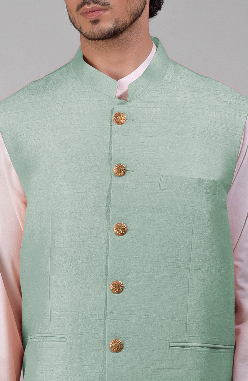Gossamer Green Pure Raw Silk Waistcoat Bandi Jacket