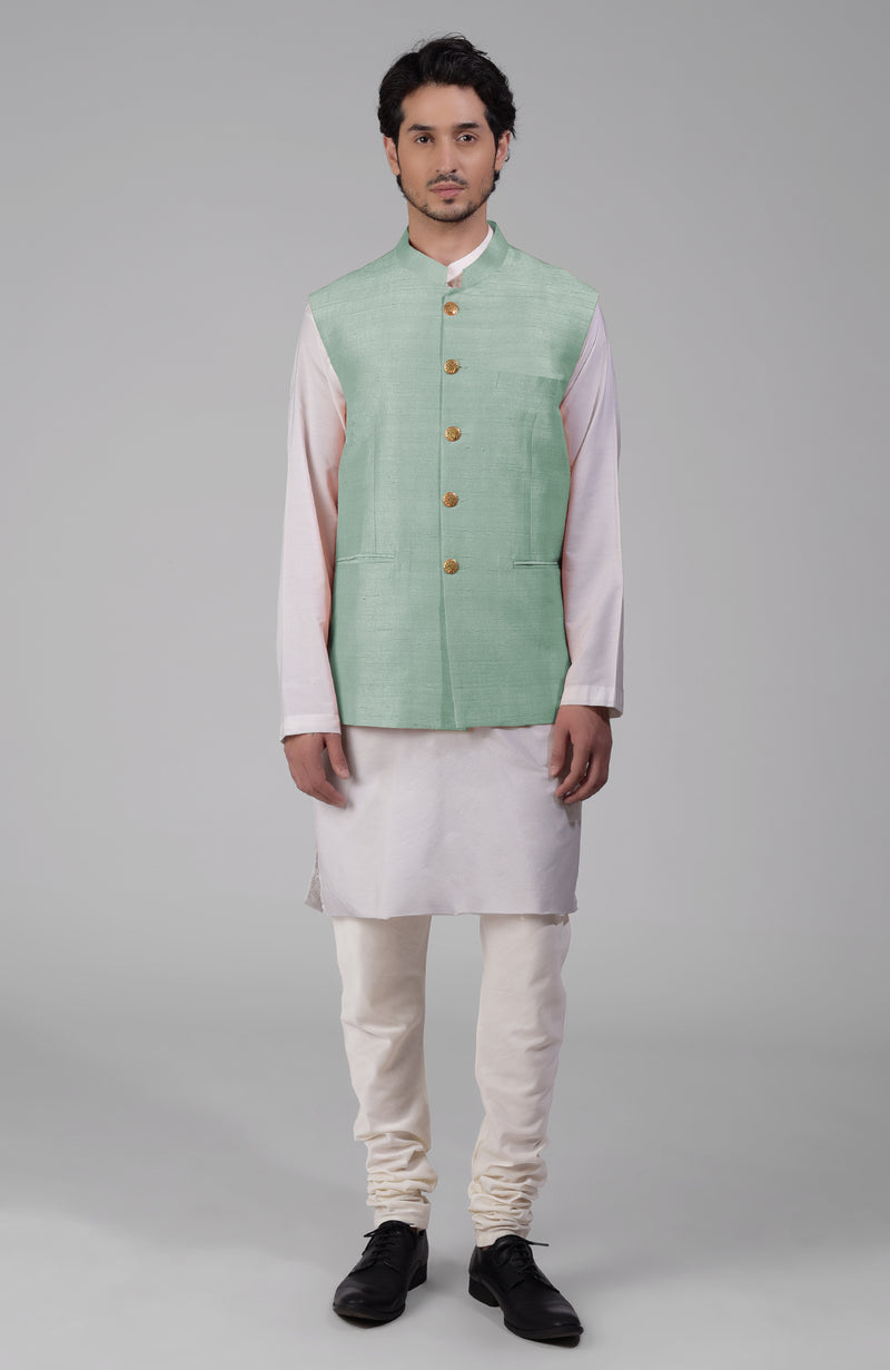 Gossamer Green Pure Raw Silk Waistcoat Bandi Jacket