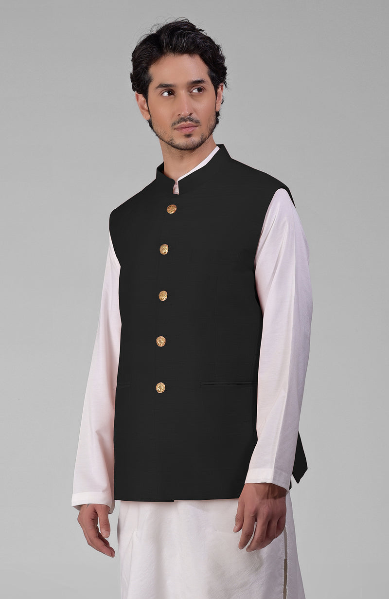 Timeless Black Pure Raw Silk Waistcoat Bandi Jacket