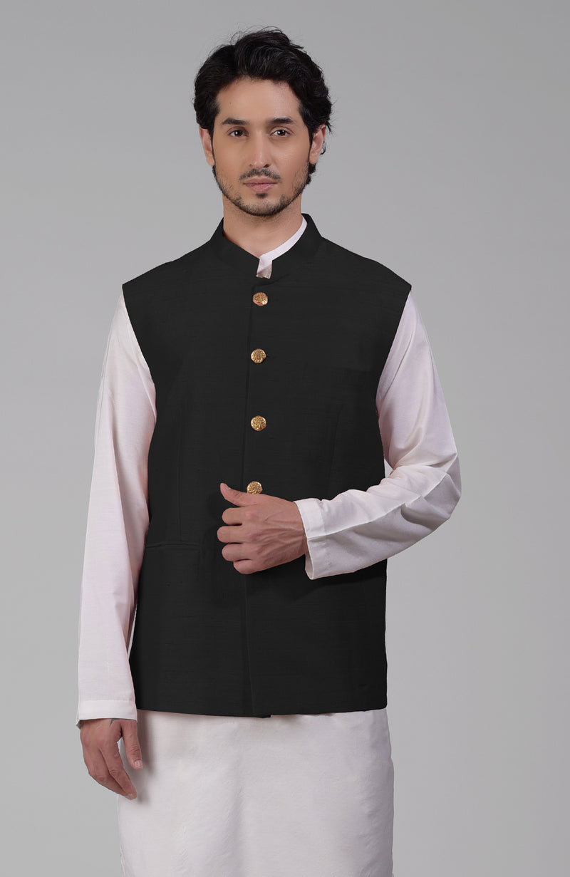 Timeless Black Pure Raw Silk Waistcoat Bandi Jacket