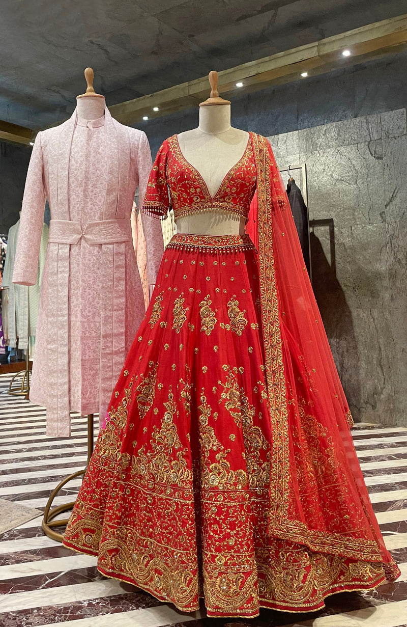 Red Kasab & Zardozi Hand Embroidered Lehenga and Light Pink Sherwani Set