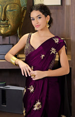 Plum Starburst Beads & Sequin Hand Embroidered Saree with Blouse