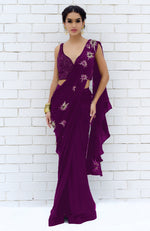 Plum Starburst Beads & Sequin Hand Embroidered Saree with Blouse