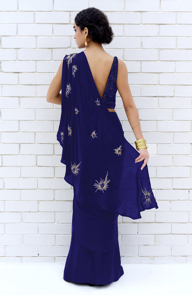 Royal Blue Starburst Beads & Sequin Hand Embroidered Saree with Blouse