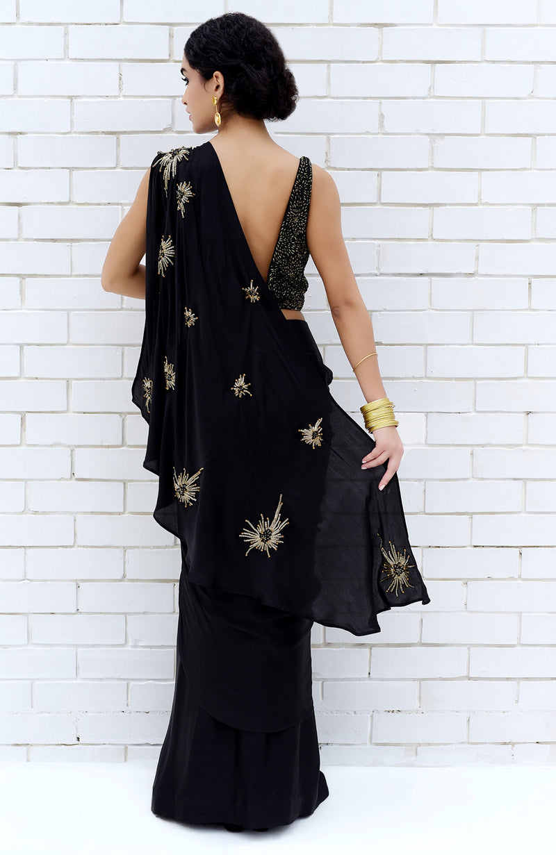 Black Starburst Beads & Sequin Hand Embroidered Saree with Blouse