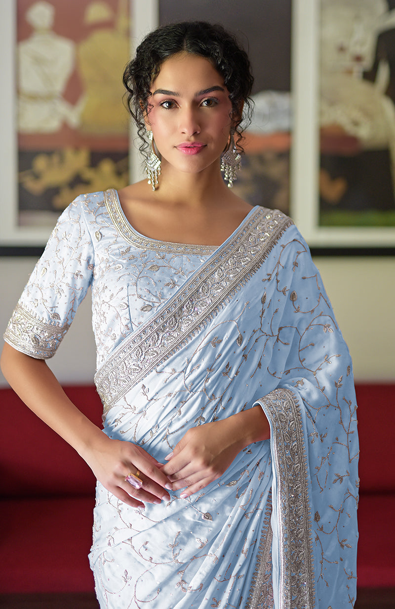 Powder Blue Zardozi Hand Embroidered Pure Silk Saree