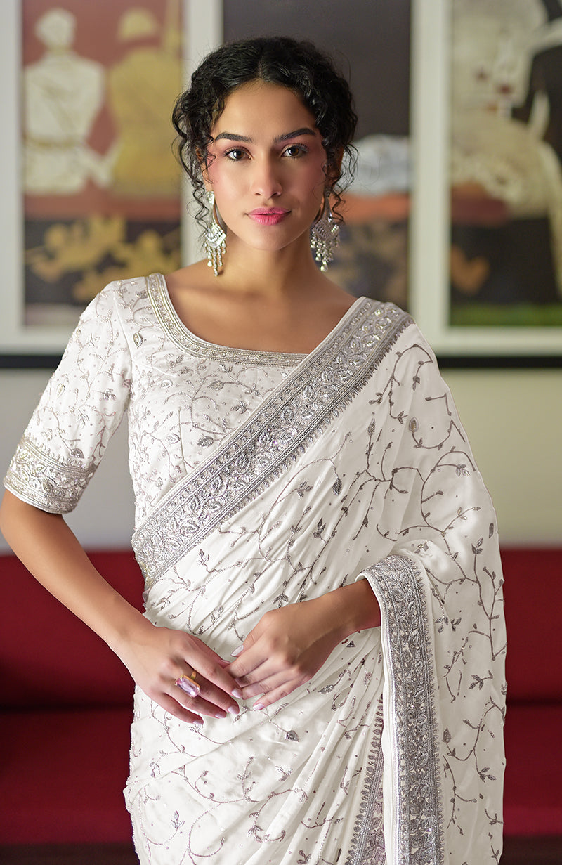Powder Blue Zardozi Hand Embroidered Pure Silk Saree