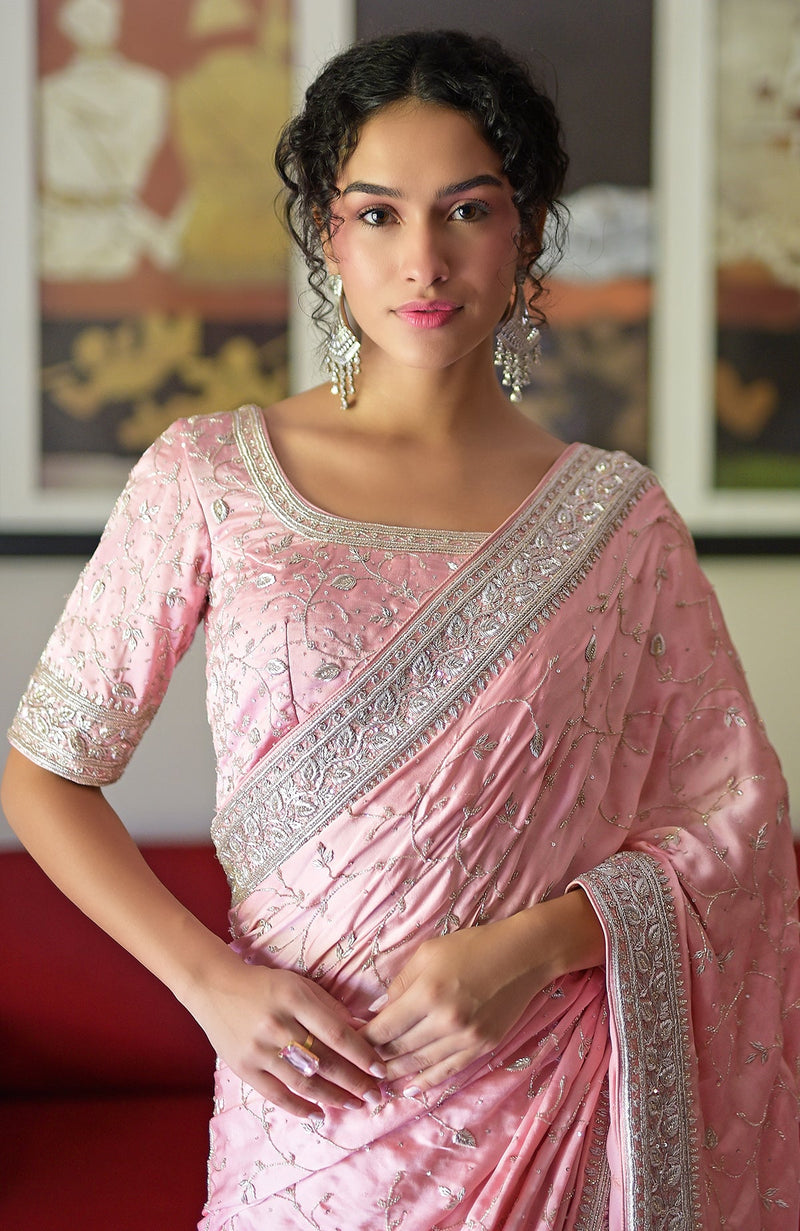 Pink Blossom Zardozi Hand Embroidered Pure Silk Saree