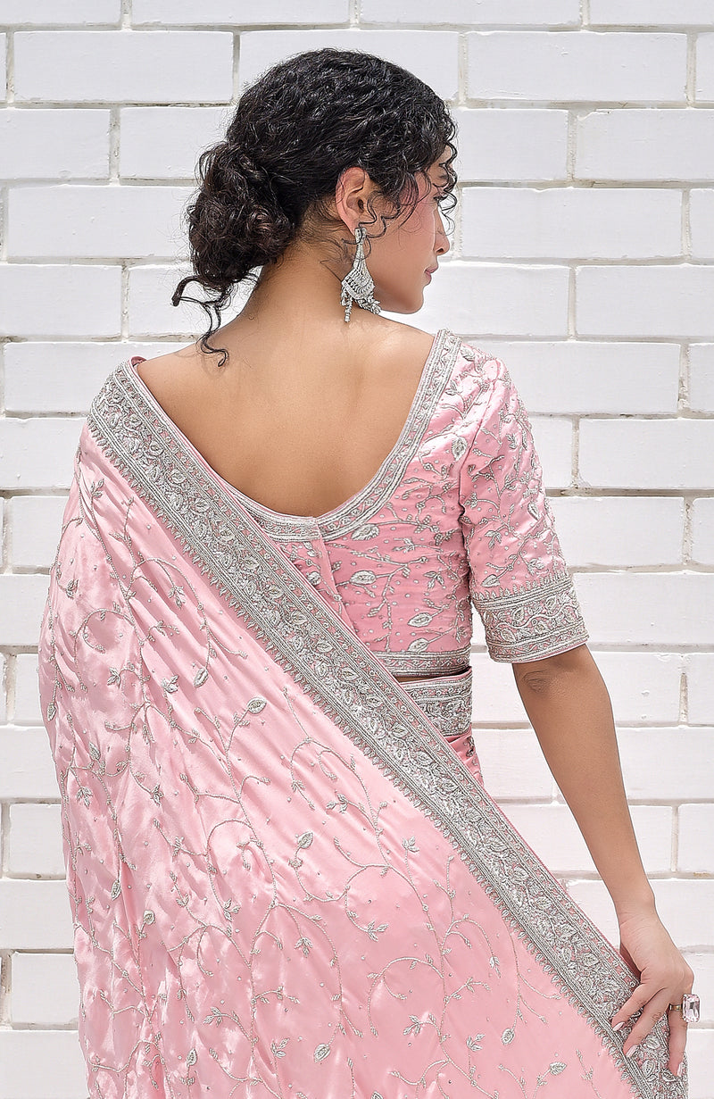 Pink Blossom Zardozi Hand Embroidered Pure Silk Saree