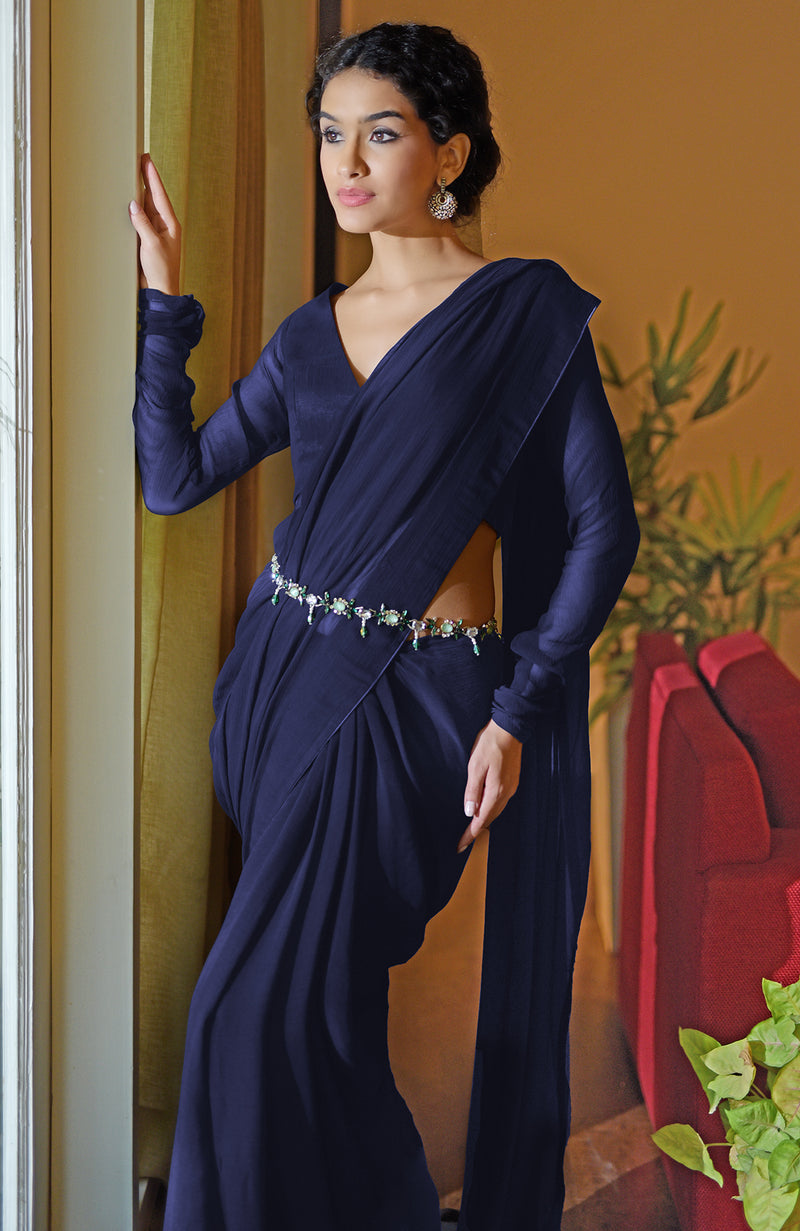 Classic Navy Blue Chiffon Saree
